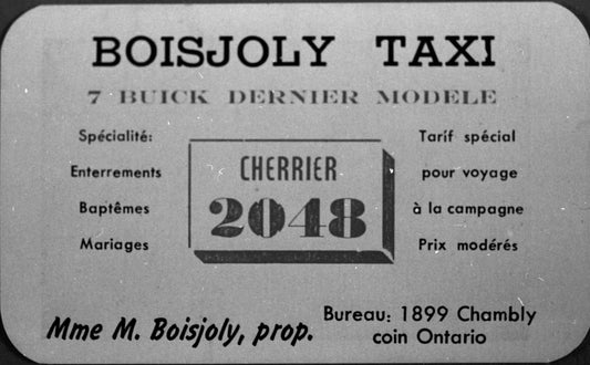 Carte d'affaire de la compagnie Boisjoly Taxi