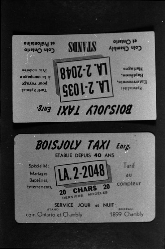 Carte d'affaire de la compagnie Boisjoly Taxi